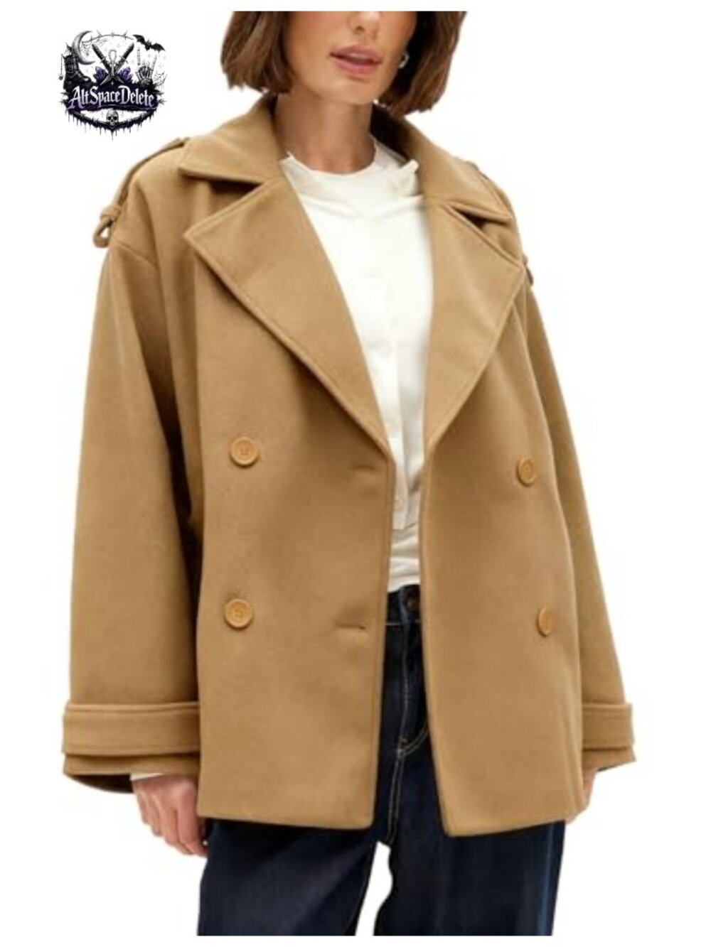 Wool Blend Double Breasted Short Peacoat Oversized Winter Coat Pockets